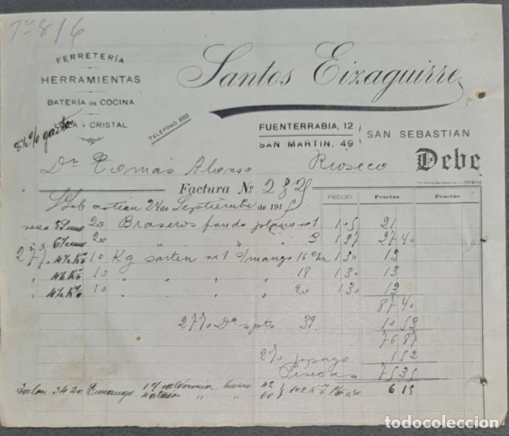 Facturas antiguas: Santos Eizaguirre. Ferreter&iacute;a y Herramientas. San Sebasti&aacute;n. Espa&ntilde;a 1915