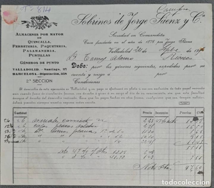 Facturas antiguas: Sobrinos de Jorge S&aacute;enz y C&ordf;. Almacenes por mayor de Quincalla y Ferreter&iacute;a. Valladolid. Espa&ntilde;a 1915