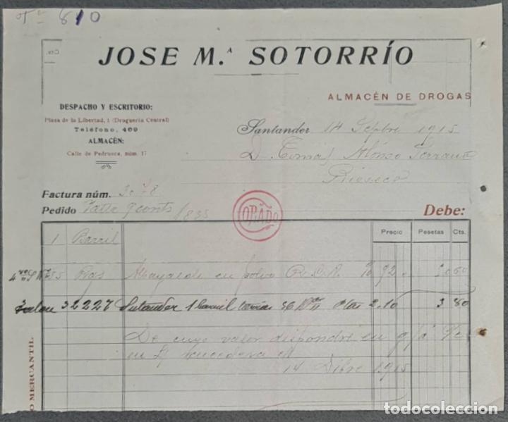 Facturas antiguas: Jose M&ordf; Sotorr&iacute;o. Almac&eacute;n de drogas. Santander. Espa&ntilde;a 1915