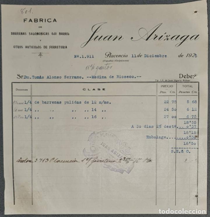 Facturas antiguas: Juan Ar&iacute;zaga. F&aacute;brica de art&iacute;culos de Ferreter&iacute;a. Placencia. Espa&ntilde;a 1925