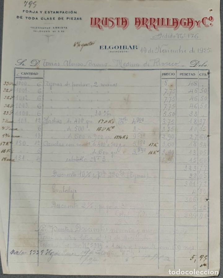 Facturas antiguas: Irusta Arillaga y C&ordm;. Forja y Estampaci&oacute;n. Elgoibar. Guip&uacute;zcoa. Espa&ntilde;a 1925
