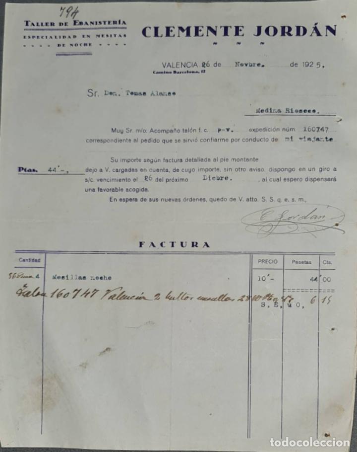 Facturas antiguas: Clemente Jord&aacute;n. Taller de Ebanister&iacute;a. Valencia. Espa&ntilde;a 1925