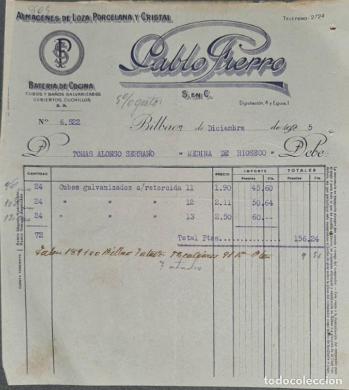 Facturas antiguas: Pablo Fierro. Almacenes de loza, Porcelana y Cristal. Bilbao. Espa&ntilde;a 1925