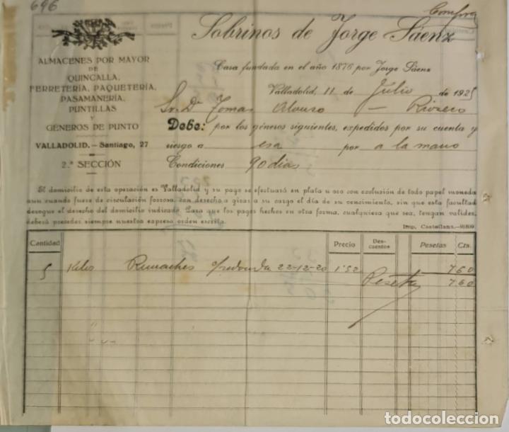 Old Invoices: Sobrinos de Jorge S&aacute;enz y C&ordf;. Almacenes por mayor de Quincalla y Ferreter&iacute;a. Valladolid. Espa&ntilde;a 1925
