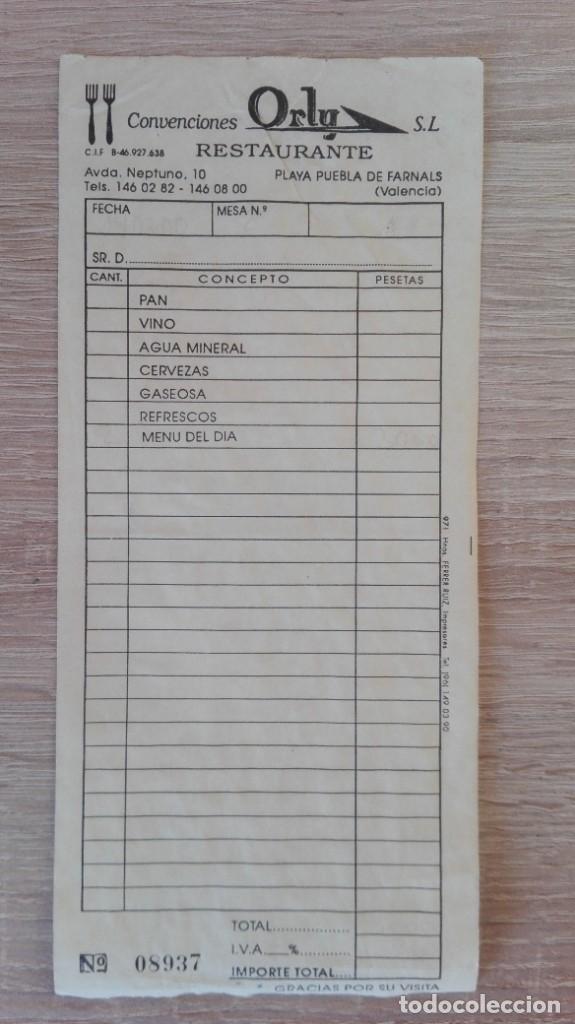 Old Invoices: FACTURA RESTAURANTE ORLY S.L.-PLAYA PUEBLA FARNALS (VALENCIA)-A&Ntilde;OS 90.