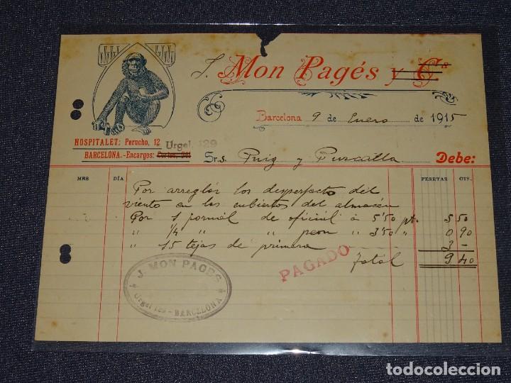Facturas antiguas: FACTURA ANIS DEL MONO - MON PAG&Eacute;S Y CIA, BARCELONA 1915, SE&Ntilde;ALES DE USO