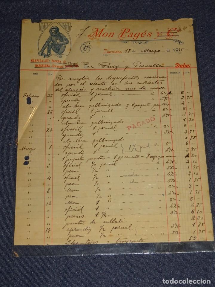 Facturas antiguas: FACTURA ANIS DEL MONO - MON PAG&Eacute;S Y CIA, BARCELONA 1915, SE&Ntilde;ALES DE USO