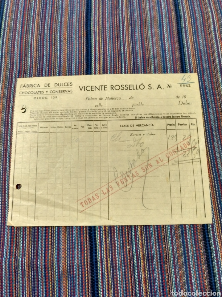 Old Invoices: FABRICA DE DULCES, CHOCOLATES Y CONSERVAS OLMOS,139 VICENTE ROSSELLO S.A. PALMA MALLORCA