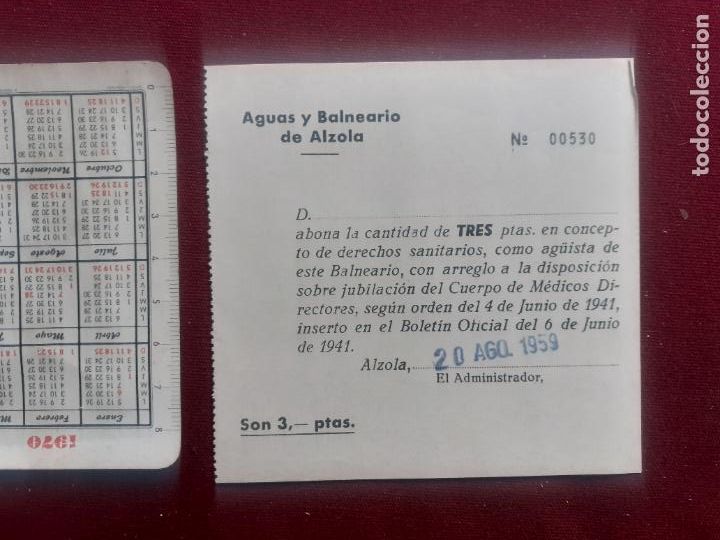 Factures anciennes: Balneario de Alzola. Recibo 1959