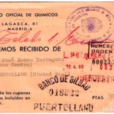 Facturas antiguas: COLEGIO OFICIAL DE QUÍMICOS - SOBRE/FACTURA/RECIBO A PUERTOLLANO - 18.04.68 - 146X99 MM.