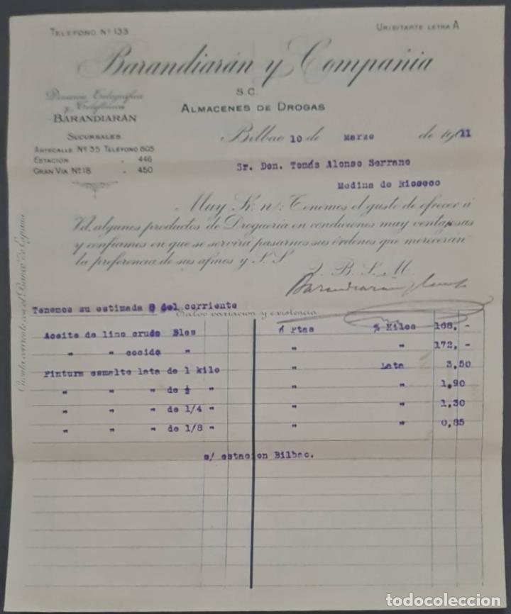 Old Invoices: Barandiar&aacute;n y Compa&ntilde;&iacute;a. Grandes Almacenes de drogas y productos farmac&eacute;uticos. Bilbao. Espa&ntilde;a 1911