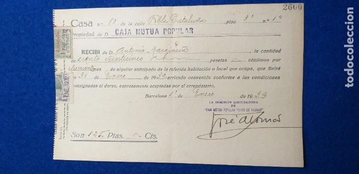 Alte Rechnungen: Documento. Caja Mutua popular. Barcelona. A&ntilde;o 1932. Factura