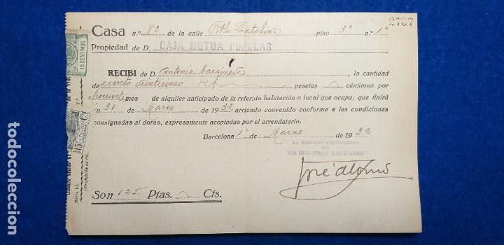 Factures anciennes: Documento. Caja Mutua popular. Barcelona. A&ntilde;o 1932. Factura