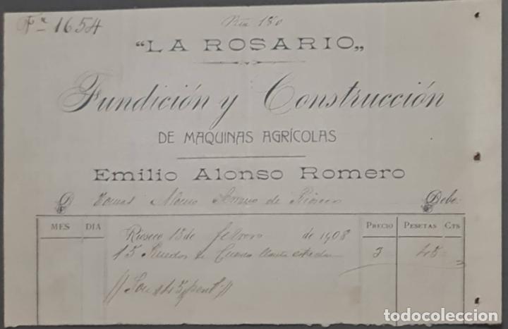 Facturas antiguas: Em ilio Alonso Romero. La Rosario. Fundici&oacute;n y Construcci&oacute;n m&aacute;quinas agr&iacute;colas. R&iacute;oseco. Espa&ntilde;a 1908