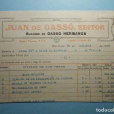 Facturas antiguas: FACTURA - JUAN DE GASSÓ - EDITOR - BARCELONA - AÑO 1926
