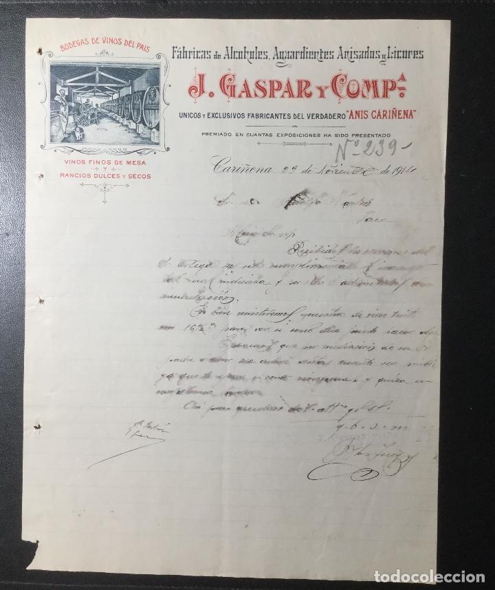 Facturas antiguas: CARI&Ntilde;ENA , ZARAGOZA , 1914 , J. GASPAR Y COMP. ALCOHOLES , AGUARDIENTES Y LICORES.