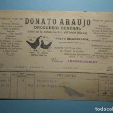 Facturas antiguas: FACTURA - DONATO ARAUJO - DROGUERÍA - ESTACIÓN, 11 - VITORIA - ALAVA - AÑO 1914