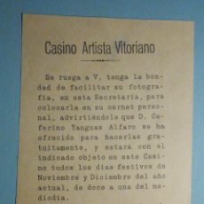 Facturas antiguas: CASINO ARTISTA VITORIANO - VITORIA - AÑO 1923 - FOTOGRAFIAS CEFERINO YANGUAS ALFARO