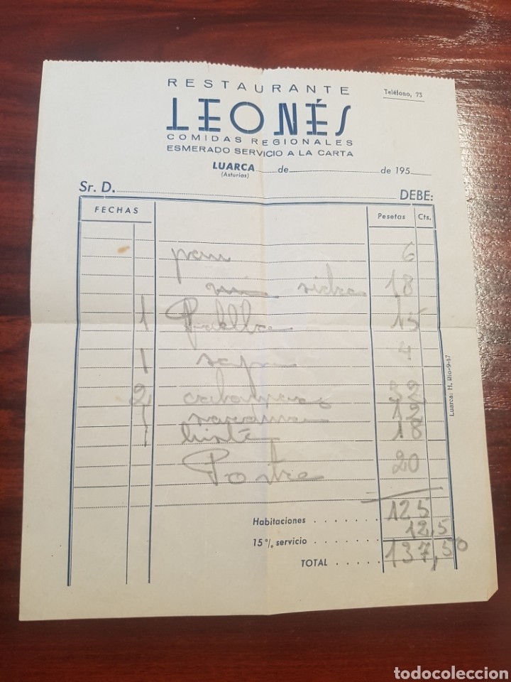 Old Invoices: FACTURA A&Ntilde;OS 50 LUARCA RESTAURANTE LEON&Eacute;S