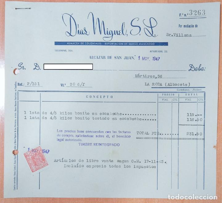 Facturas antiguas: FACTURA. ALMACEN DE COLONIALES D&Iacute;AZ MIGUEL. ALCAZAR DE SAN JUAN 1947