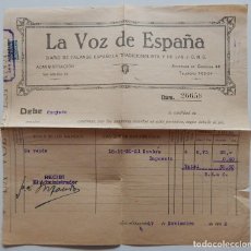 Facturas antiguas: FACTURA POR ANUNCIO 1942 SAN SEBASTIÁN / LA VOZ DE ESPAÑA - DIARIO DE FALANGE ESPAÑOLA TRADICIONA.... Lote 299204188