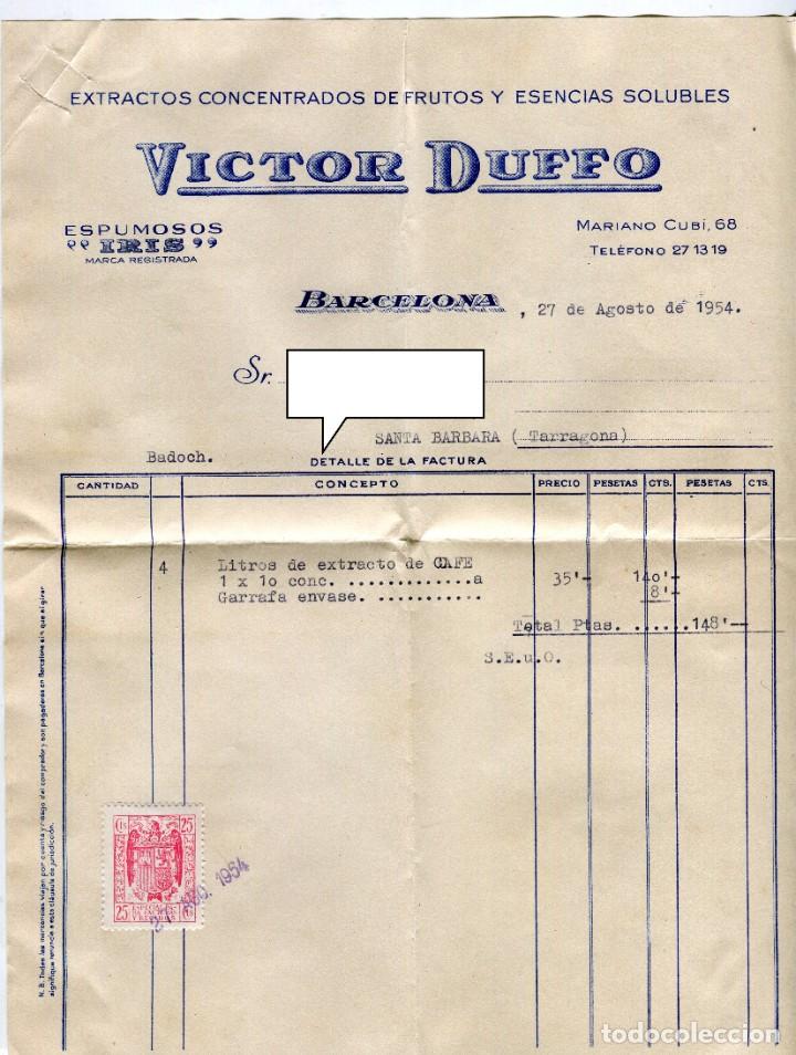 Factures anciennes: BARCELONA VICTOR DUFFO ESPUMOSOS IRIS FACTURA + LETRA (CU&Ntilde;O BANCO DE TORTOSA) + SOBRE A&Ntilde;O 1954