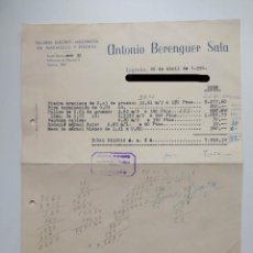 Facturas antiguas: FACTURA RECIBO ANTONIO BERENGUER SALA TALLERES ELECTRO-MECANICOS LOGROÑO 1956. TDKP19C