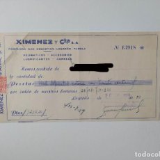 Facturas antiguas: FACTURA RECIBO XIMENEZ Y COMPAÑIA NEUMATICOS TALLERES LOGROÑO 1959. TDKP19C