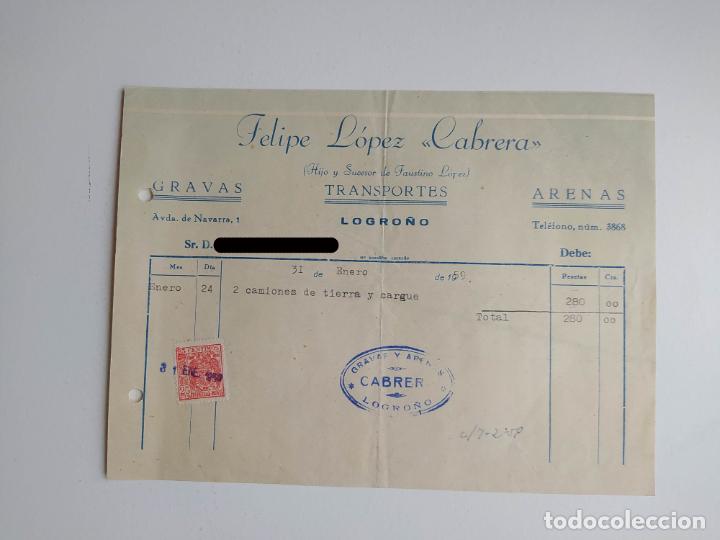 Facturas antiguas: FACTURA RECIBO GRAVAS FELIPE LOPEZ CABRERA TRANSPORTES. 1959. TDKP19D