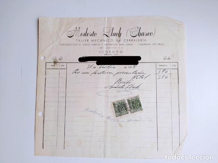 Facturas antiguas: FACTURA RECIBO MODESTO LLACH CHASCO TALLER MECANICO DE CERRAJERIA LOGRO&Ntilde;O 1955 TDKP19D