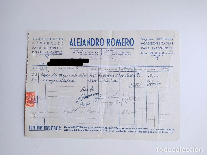 FACTURA RECIBO ALEJANDRO ROMERO TRANSPORTES DE MUEBLES LOGROÑO. AÑOS 50. TDKP19D (Coleccionismo - Documentos - Facturas Antiguas)