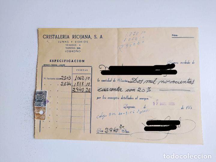 Facturas antiguas: FACTURA RECIBO CRISTALERIA RIOJANA. 1956. TDKP19D - Foto 1 - 303468378