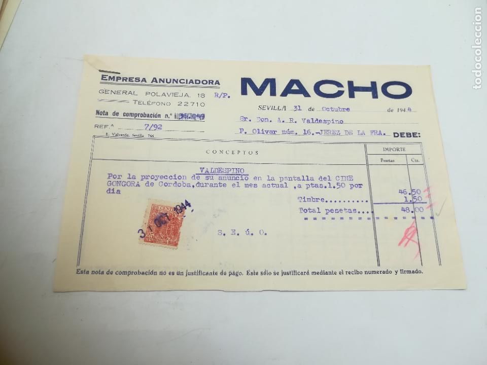 Faturas antigas: FACTURA. EMPRESA ANUNCIADORA MACHO. 1944. SEVILLA.