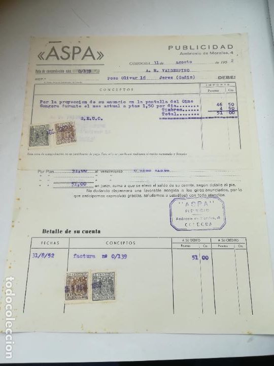 Faturas antigas: FACTURA CON AVISO DE GIROS. ASPA. PUBLICIDAD. 1952. C&Oacute;RDOBA