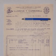 Facturas antiguas: LA JIJONENCA FABRICA DE TURRONES Y DULCES LLORENS Y CARBONELL JIJONA 1925 ALICANTE. Lote 313876643