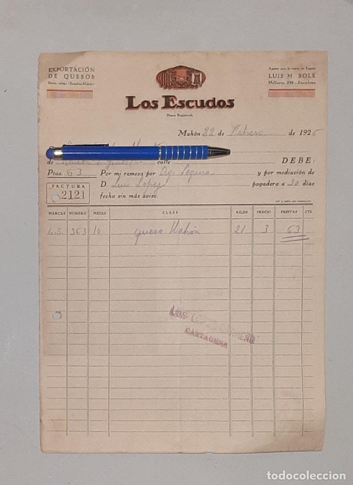 Facturas antiguas: LOS ESCUDOS EXPORTACION DE QUESOS MAHON MALLORCA 1925 - Foto 1