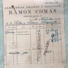 Facturas antiguas: TALON ENTREGA A CUENTA - RAMON COMAS - ALMENDRAS Y GRANOS - CERVERA LERIDA - 1932 -