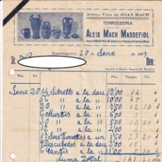 Facturas antiguas: FACTURA ESPARRAGUERA 1937 / TERRISSERIA DE ALEIX MACH MASDEFIOL - ANTIGA CASA DE JOAN MACH. Lote 320315263