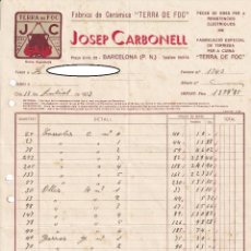 Facturas antiguas: REBUT I FACTURA BARCELONA 1937: JOSEP CARBONELL FÀBRICA DE CERÀMICA TERRA DE FOC - CERÀMICA CATALANA. Lote 320330488