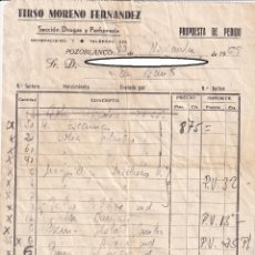 Facturas antiguas: PROPUESTA DE PEDIDO - POZOBLANCO 1969 / TIRSO MORENO FERNÁNDEZ - SECCIÓN DROGAS Y PERFUMERÍA. Lote 320417028