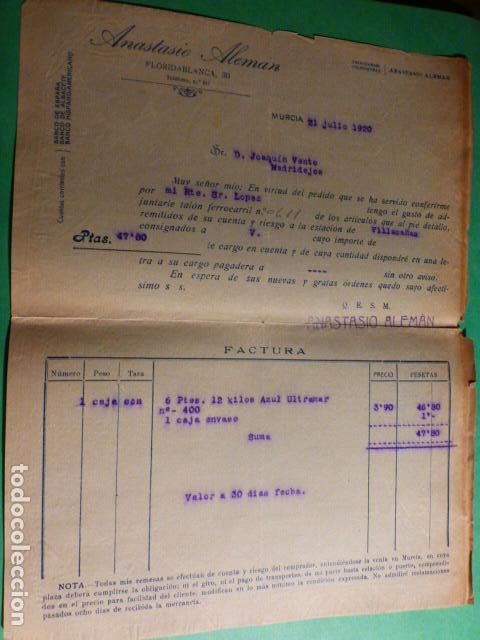 Facturas antiguas: MURCIA ANASTASIO ALEMAN FACTURA 1920 - Foto 1