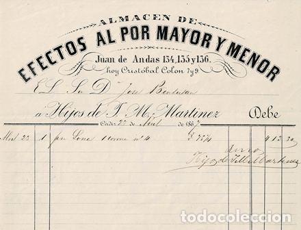 Faturas antigas: FACTURA ALMAC&Eacute;N DE EFECTOS AL POR MAYOR Y MENOR JUAN DE ANDAS (C&Aacute;DIZ 27 ABRIL 1864) FACTURA-02