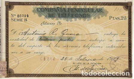 Faturas antigas: FACTURA COMPA&Ntilde;&Iacute;A PEN&Iacute;NSULAR DE TEL&Eacute;FONOS (C&Aacute;DIZ 25 FEBRERO 1922) FACTURA-03