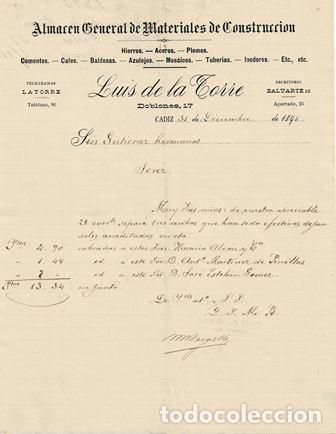 Alte Rechnungen: FACTURA ALMAC&Eacute;N GENERAL MATERIALES DE CONSTRUCCI&Oacute;N LUIS DE LA TORRE (C&Aacute;DIZ 31 DIC. 1895) FACTURA-10
