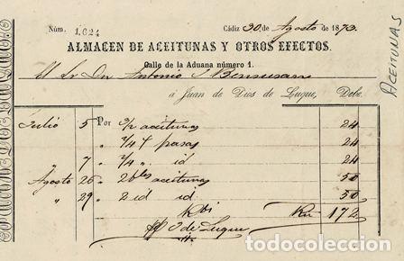 Alte Rechnungen: FACTURA ALMAC&Eacute;N DE ACEITUNAS Y OTROS EFECTOS (C&Aacute;DIZ 30.08.1873) FACTURA-11
