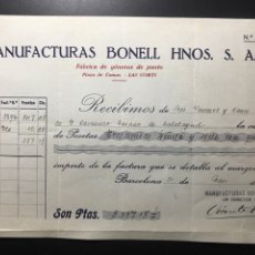Facturas antiguas: RECIBO PAGO FACTURA MANUFACTURAS BONELL HNOS DE BARCELONA 1933 Nº6. Lote 333355563