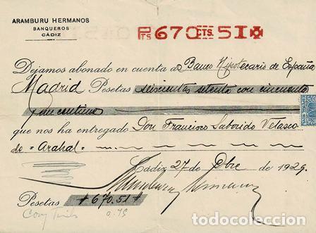 Alte Rechnungen: FACTURA ARAMBURU HERMANOS BANQUEROS (C&Aacute;DIZ 27.12.1929) FACTURA-20