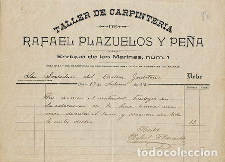 Old Invoices: FACTURA TALLER DE CARPINTER&Iacute;A RAFAEL PLAZUELOS Y PE&Ntilde;A (C&Aacute;DIZ 13.02.1918) FACTURA-30