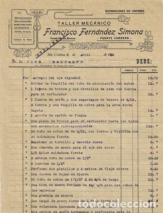 Old Invoices: FACTURA TALLER MEC&Aacute;NICO FRANCISCO FERN&Aacute;NDEZ SIMONA (ISLA CRISTINA 5.04.1929) FACTURA-33