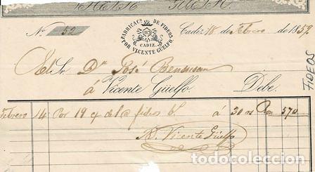 Old Invoices: FACTURA FABRICA DE FIDEOS POR VICENTE G&Uuml;ELFO. (C&Aacute;DIZ, 18.02.1859) FACTURA-35